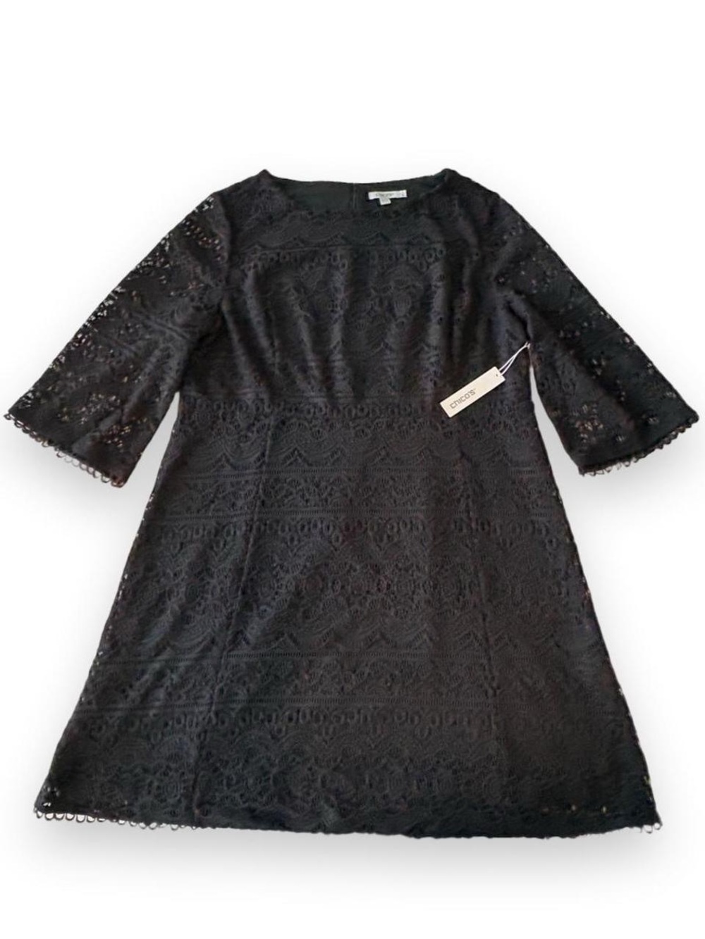 NWT Chico's Women's Black Lace A Line Short Dress Round Neck 3/4 Sleeve XL